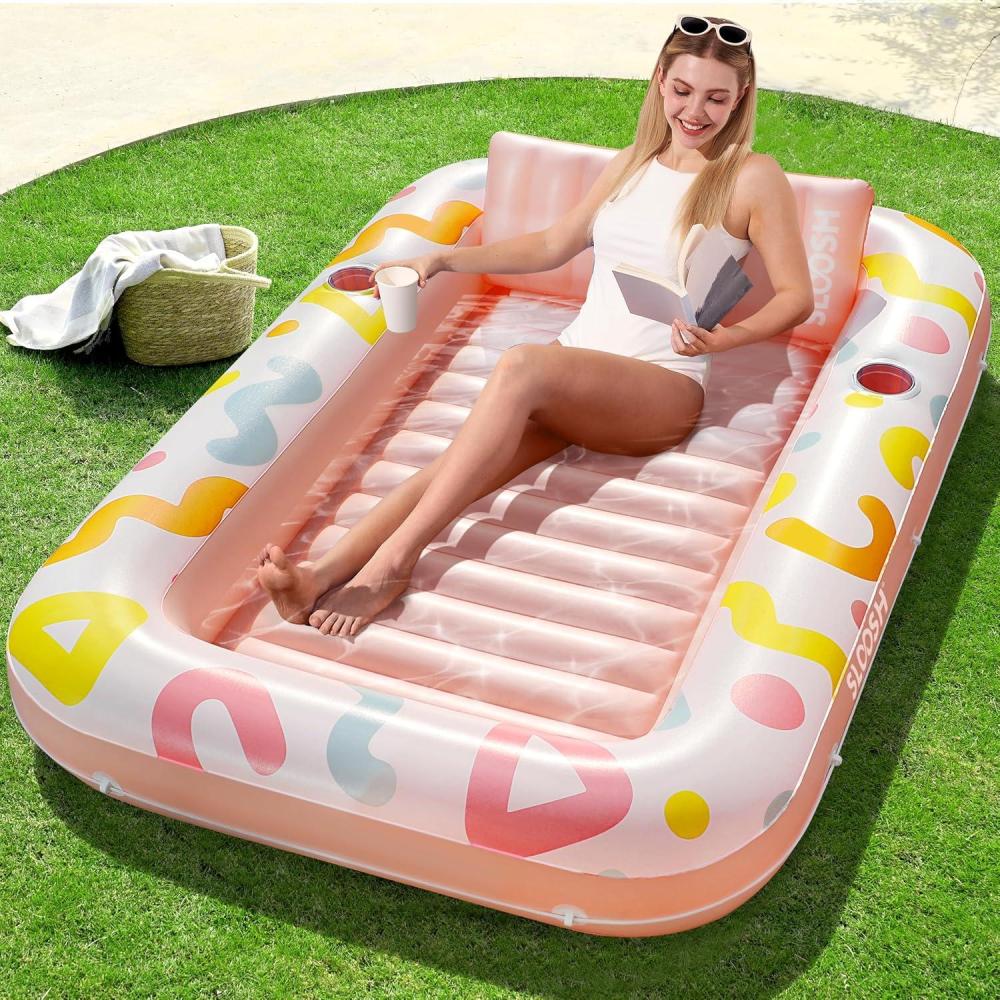imageSLOOSH Inflatable Tanning Pool Lounger Float 70 x 46 Pool Floats Adult with Pillow 4 in 1 Suntan Tub Raft FloatieSunbathing Bed Lounge for Water Blow Up Ball Pit Party GiftsPink Doodle