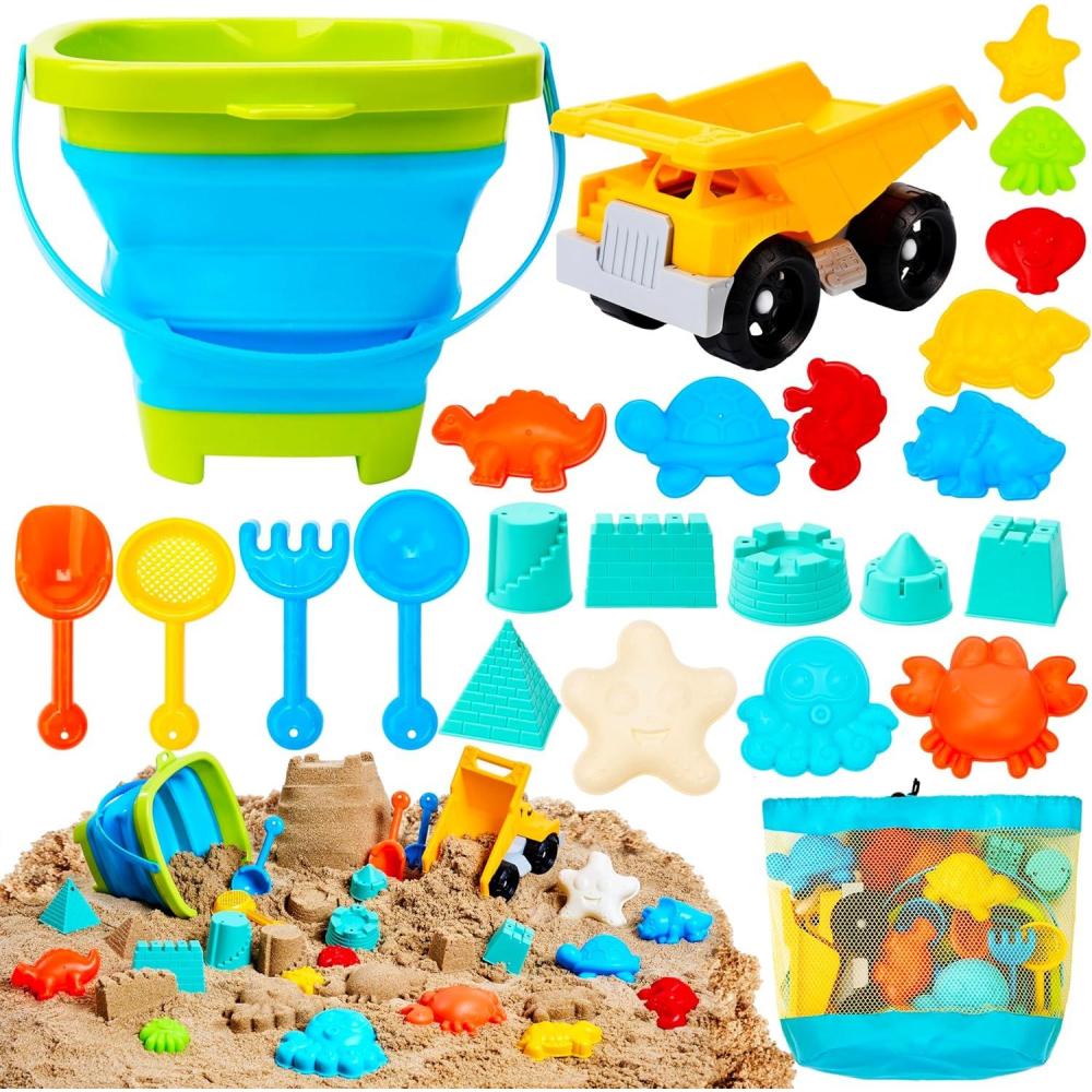 imageSloosh Beach Sand Toys Set Dump Truck Car Toy with Sand Molds for Toddlers Outdoor Play Collapsible Foldable Buckets Mesh Bag Shovels Castle Animal Mold Sets Kids Ages Sandbox Toys AnimalsAnimals
