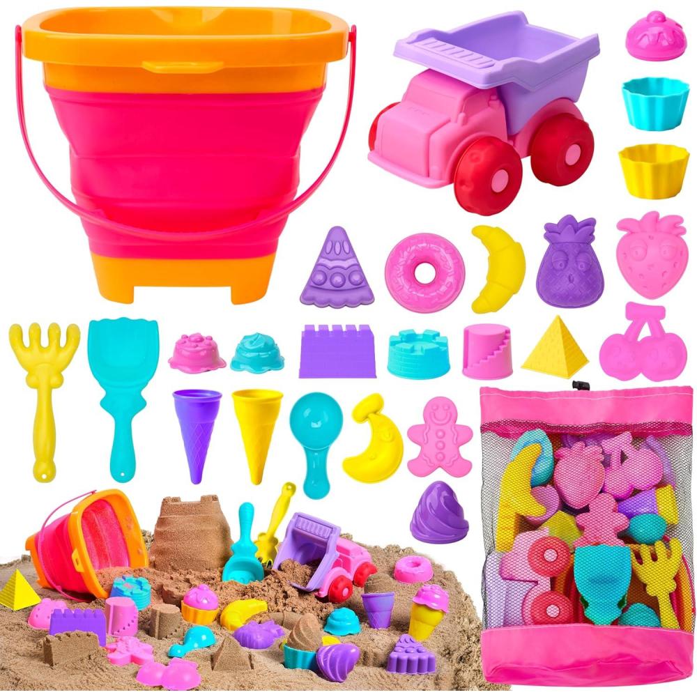 imageSloosh Beach Sand Toys Set Dump Truck Car Toy with Sand Molds for Toddlers Outdoor Play Collapsible Foldable Buckets Mesh Bag Shovels Castle Animal Mold Sets Kids Ages Sandbox Toys AnimalsFoods
