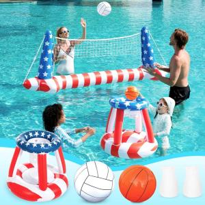 Inflatable Pool Floats Set American Flag Volleyball Net & Basketball Hoops, Swimming Pool Game Toy for Kids and Adults, Floating, Volleyball Court (105”x35”)|Basketball (27”x23”), Red White