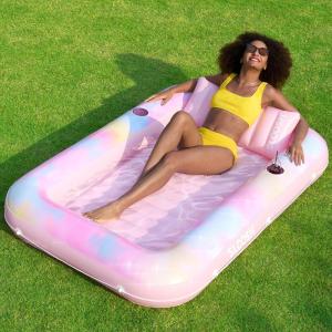 SLOOSH Inflatable Tanning Pool Lounger Float, 70″ x 46″ Pool Floats Adult with Pillow, 4 in 1 Suntan Tub Raft Floatie,Sunbathing Bed Lounge for Water Blow Up Ball Pit Party Gifts(Pink Tie-dye)