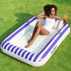 SLOOSH Inflatable Tanning Pool Lounger Float, 70″ x 46″ Pool Floats Adult with Pillow, 4 in 1 Suntan Tub Raft Floatie,Sunbathing Bed Lounge for Water Blow Up Ball Pit Party Gifts(Navyblue Stripe)