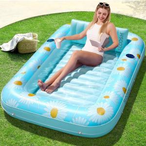 SLOOSH Inflatable Tanning Pool Lounger Float, 70″ x 46″ Pool Floats Adult with Pillow, 4 in 1 Suntan Tub Raft Floatie,Sunbathing Bed Lounge for Water Blow Up Ball Pit Party Gifts(Blue Daisy)