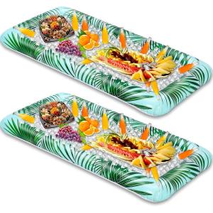 Sloosh 2-Pack Inflatable Serving Bars Cooler – Leaf Pattern Inflatable Cooler Ice Buffet Salad Serving Trays with Drain Plug, Food Drink Cooler for Indoor Outdoor Summer Picnic Pool Beach Luau Party