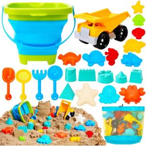Sloosh Beach Sand Toys Set – Dump Truck Car Toy with Sand Molds for Toddlers Outdoor Play, Collapsible Foldable Buckets Mesh Bag Shovels Castle Animal Mold Sets, Kids Ages Sandbox Toys (Animals)(Animals)