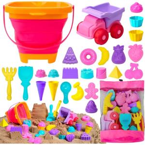 Sloosh Beach Sand Toys Set – Dump Truck Car Toy with Sand Molds for Toddlers Outdoor Play, Collapsible Foldable Buckets Mesh Bag Shovels Castle Animal Mold Sets, Kids Ages Sandbox Toys (Animals)(Foods)