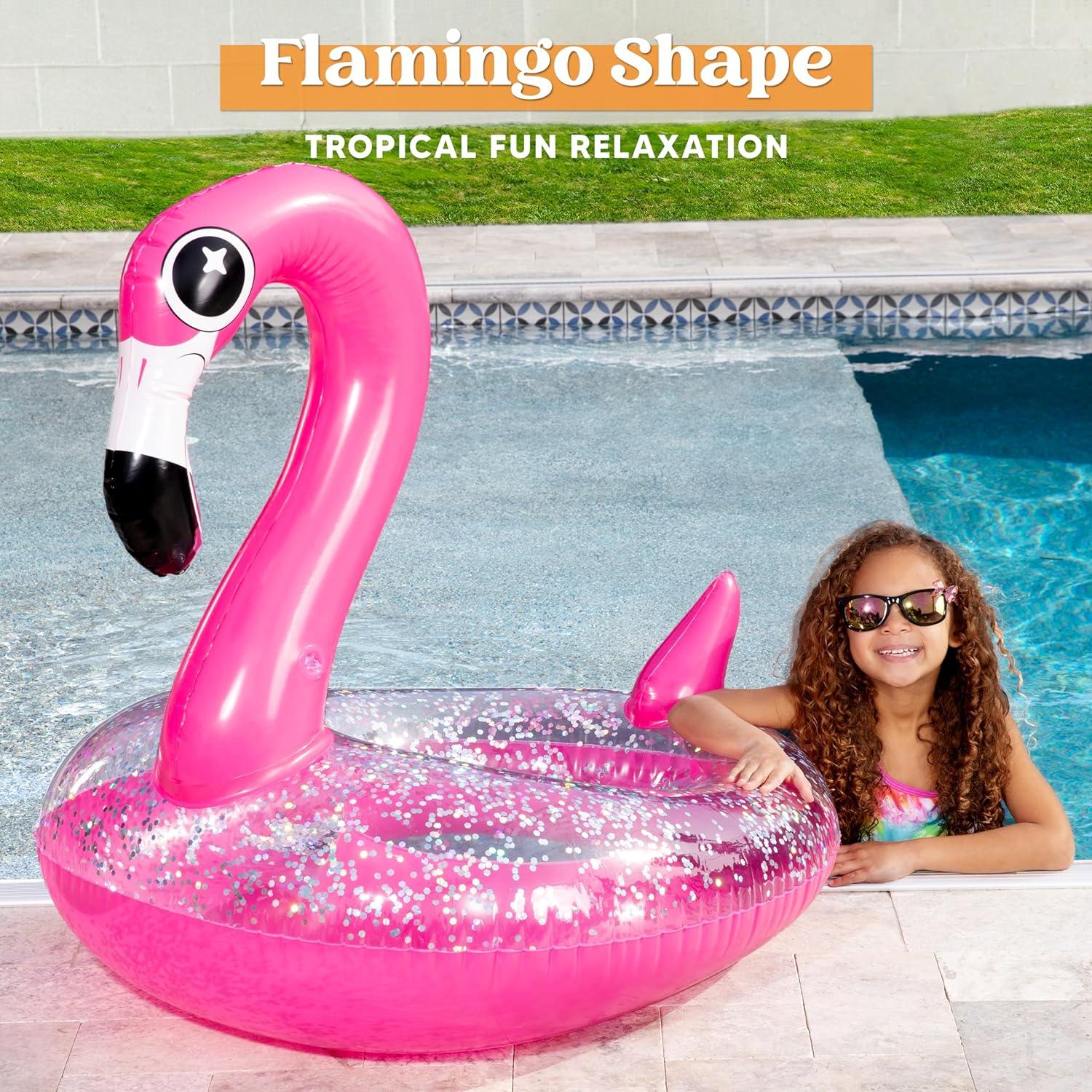imageJOYIN Inflatable Flamingo Pool Floats Flamingo Pool Tube Swim Ring Floaties with Glitter for Adults Kids Floating Fun Beach Lake Floaty Raft Summer Swimming Pool Toys Party Decorations