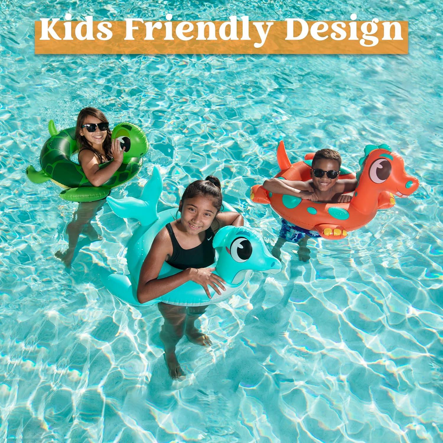 imageSLOOSH 3Pack Inflatable Pool Tubes Floats Dinosaur amp Sea Turtle amp Dolphin Swimming Rings for Kids Toddler Pool Beach Water Float Party in Summer Decorations 32