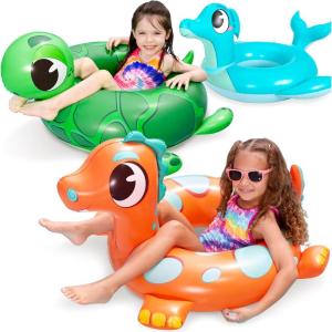 SLOOSH 3-Pack Inflatable Pool Tubes Floats – Dinosaur & Sea Turtle & Dolphin Swimming Rings for Kids Toddler, Pool Beach Water Float Party in Summer Decorations 32″