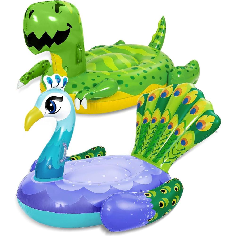 imageSloosh 2Pack Inflatable Dinosaur amp Peacock Pool Floats Set Fun Beach Floaties for Swim Party Decorations Toys Inflatable Island Summer Pool Raft Lounge Ride On for Adults Kids